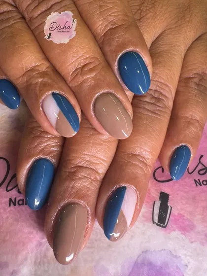 A chic and modern color-blocked design with shades of blue, brown, and pink.