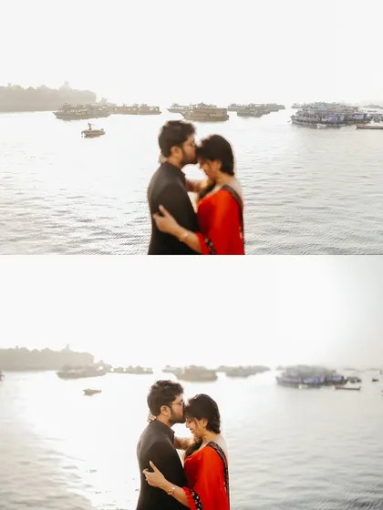 A tender diptych of a couple by the sea in Mumbai. The soft focus and warm light capture a gentle forehead kiss, with the harbor boats creating a serene backdrop for this romantic pre-wedding moment.