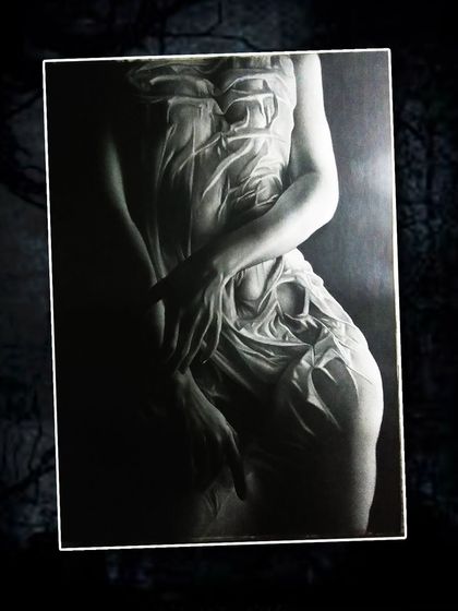 A hyper-realistic drawing of a female figure wrapped in wet cloth, a challenging exercise in capturing fabric folds and translucency.