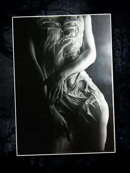 A fine art pencil portrait by Akash Maurya, showing a figure draped in wet cloth. The artist's skill is evident in the rendering of the fabric clinging to the body, a classic and challenging artistic study.