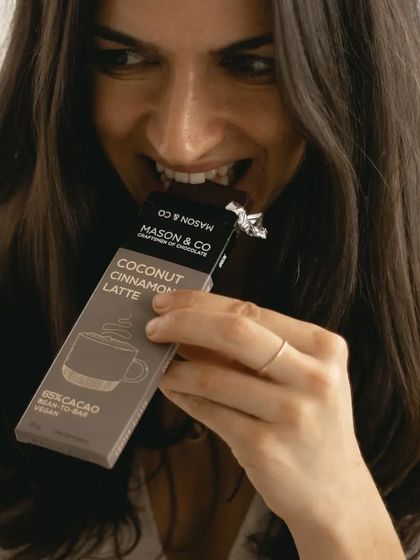 A joyful moment enjoying our exclusive Coconut Cinnamon Latte chocolate bar. This is what it's all about, creating small moments of happiness.