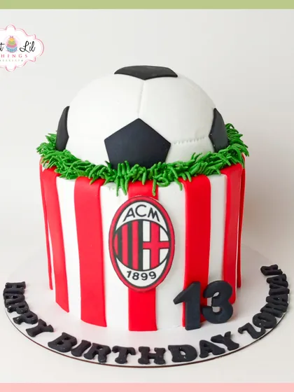 A goal-worthy cake for a 13-year-old football fan. This AC Milan-themed cake features the team's logo and a soccer ball on top.