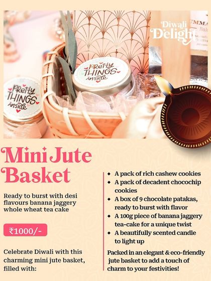 The "Mini Jute Basket" hamper for Diwali, an eco-friendly and charming option filled with cookies, a tea-cake, and chocolate patakas.