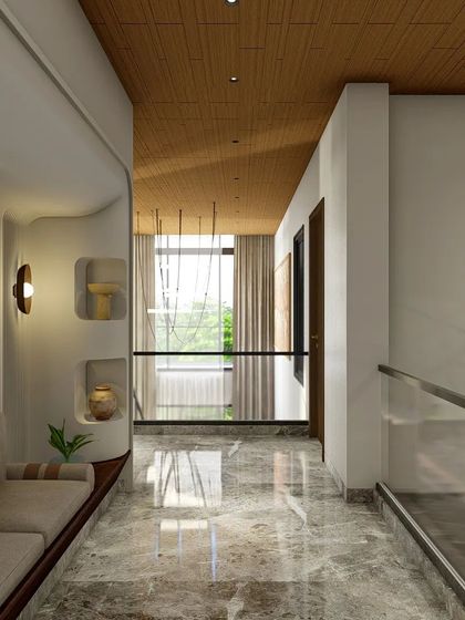 The upper-level corridor and reading nook benefit from the light pouring in from the double-height windows, illustrating how we design every part of the home to feel bright and airy.