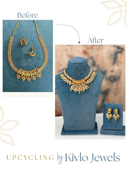 A classic before-and-after. A simple, traditional gold necklace is completely transformed with the addition of new stones and design elements, resulting in a fabulous new set.