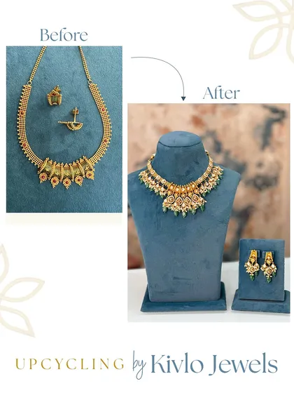 A classic before-and-after. A simple, traditional gold necklace is completely transformed with the addition of new stones and design elements, resulting in a fabulous new set.
