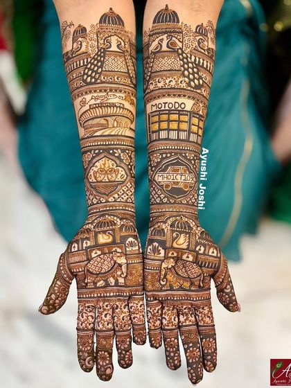 This design is all about the couple's favorite things. We included their go-to pizzeria, a symbol for their long drives, and airport motifs, making their bridal mehendi a true reflection of their life together.