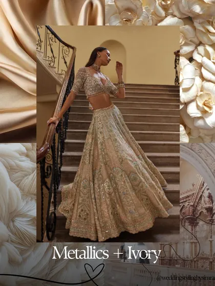 Metallics and ivory are a timeless and sophisticated color combination. This mood board captures the elegance of a gold-embroidered ivory lehenga, perfect for a reception or even a modern bride.