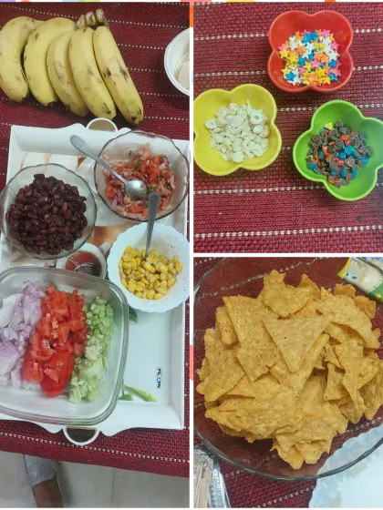 Here’s a look at our fresh ingredients bar for a no-fire cooking workshop. I provide a variety of chopped veggies, fruits, and toppings so kids can customize their own nachos, chaat, and desserts.