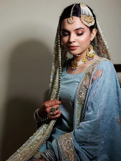 A close-up of my Nikah bride, showing the soft brown and pink tones on her eyes and the flawless matte skin finish.