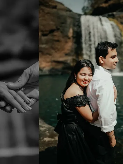 A creative split-image showing a close-up of their hands and a loving embrace. This artistic shot from their waterfall pre-wedding session tells a story of connection.