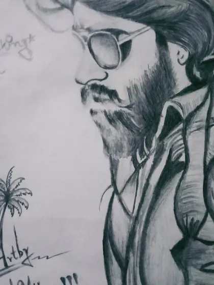A pencil sketch of "Rocky Bhai" from the movie KGF. This is a fan art piece dedicated to the powerful persona of actor Yash.