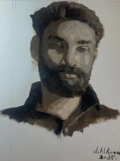 A portrait study in Grisaille (monochrome) using oil on mount board. This technique is excellent for focusing purely on value and form without the distraction of color.