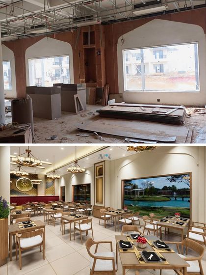 This before-and-after view shows the transformation of the restaurant at our resort project in the Little Rann of Kutch. The design incorporates traditional elements and an open layout to create a dining experience that is both culturally rooted and refreshingly modern.