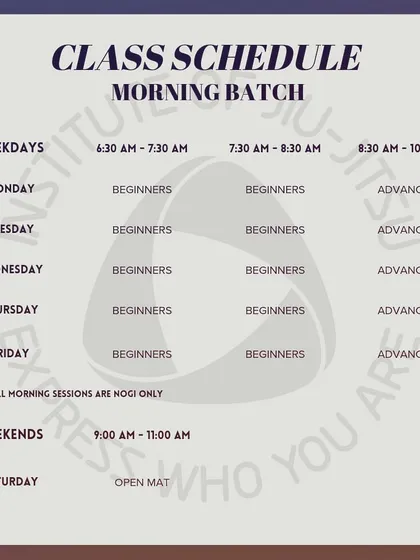 Our morning schedule, with a note that all sessions are No-Gi only, focusing on beginner and advanced training blocks.