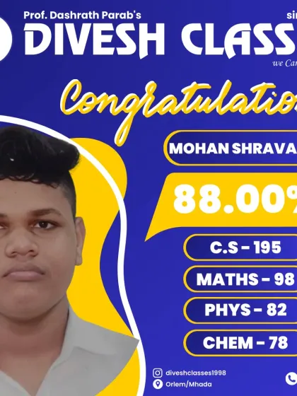 Well done, Mohan Shravanan, for securing 88% in the HSC Science results. His near-perfect score of 195 in Computer Science is a result of focused learning and dedicated faculty support.