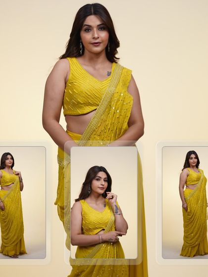 A collage showcasing our yellow pre-draped saree from different angles, so you can see how it fits and flows.
