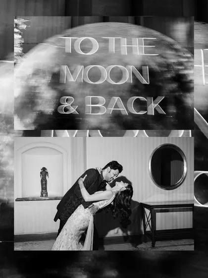 A creative, layered photograph combining a romantic dance pose with the "To the Moon & Back" decor from their sangeet night.