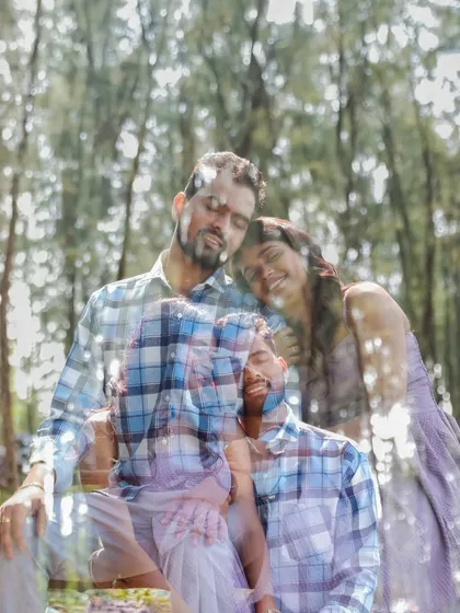 An artistic double-exposure photograph from a pre-wedding shoot, blending two moments to create a dreamy, memorable image that tells a deeper story.