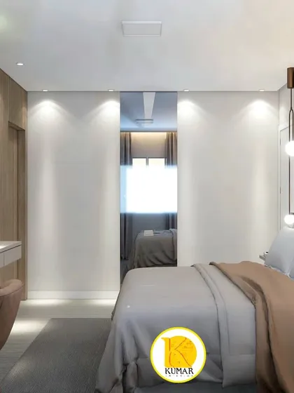 This view shows the sliding mirror door of the wardrobe, a clever way to save space and add functionality.