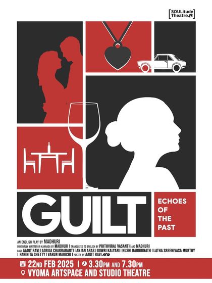 The poster for "Guilt," a psychological thriller English drama. The black, white, and red design hints at the suspense that our lighting and sound can help build.