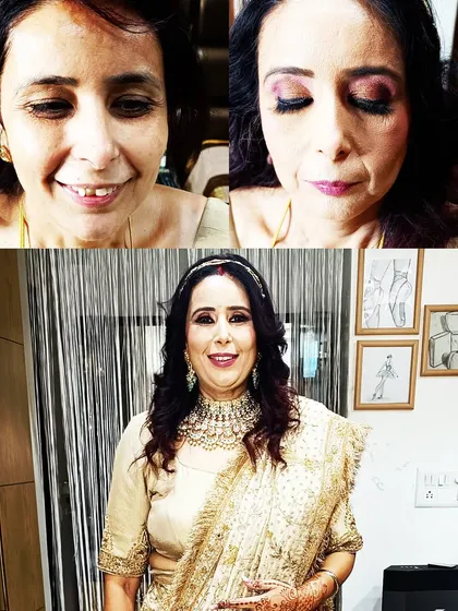 A beautiful transformation for a 25th anniversary celebration. This collage shows the process of creating a timeless and elegant look for a very special milestone.