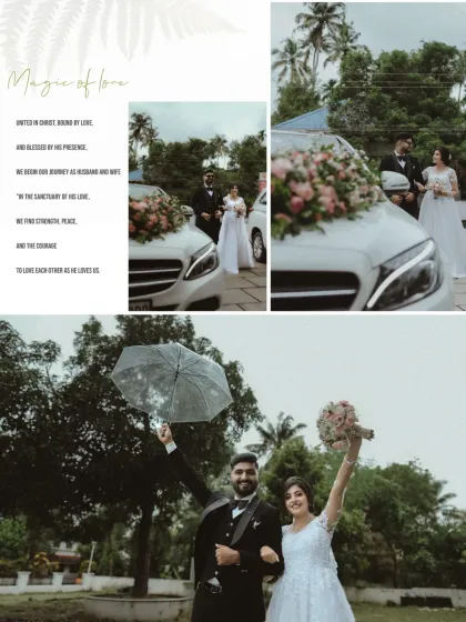 A collage celebrating the "Magic of Love," with the couple making a joyful exit with their luxury wedding car and a celebratory pose under an umbrella.