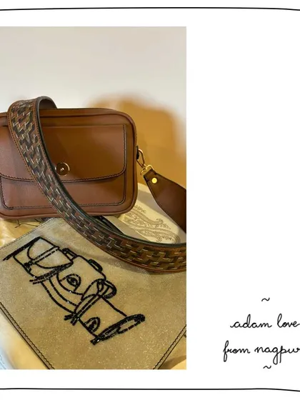 A custom Adam sling bag for our patron Niharika. She chose to pair the classic tan bag with a wide, statement sling handle in our tri-color Madurai weave, adding a pop of texture and personality.