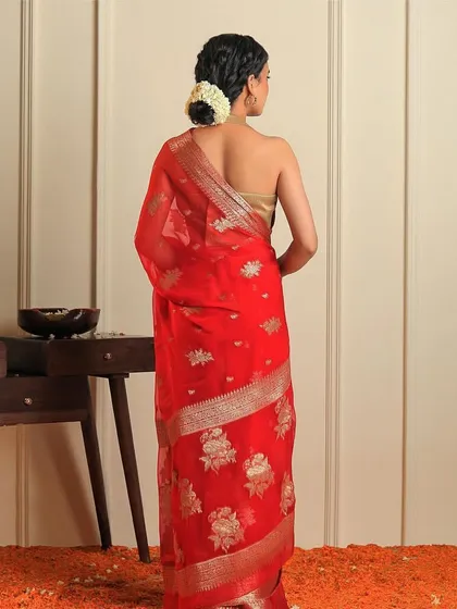 The back view of the "FIRDAUS" saree by Binal Patel, highlighting the blouse design and hair styling.