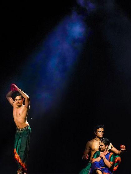 A dynamic pose from 'Nagamandala'. My choreography often involves creating strong, statuesque lines that are both aesthetically pleasing and narratively significant.