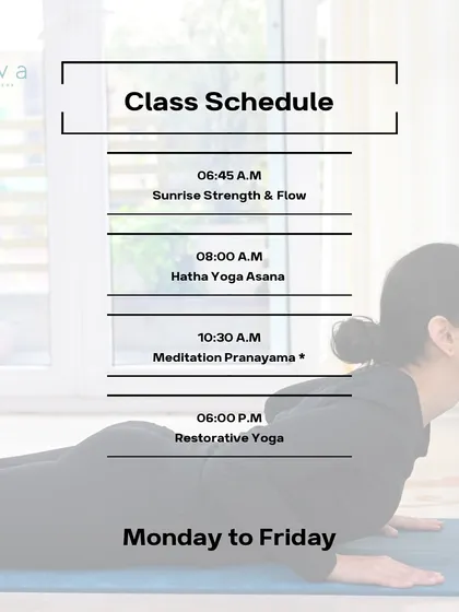 Find a class that fits your life. We offer a variety of sessions from Monday to Friday, including Sunrise Strength & Flow, Hatha Yoga, Restorative Yoga, and dedicated Meditation & Pranayama classes.