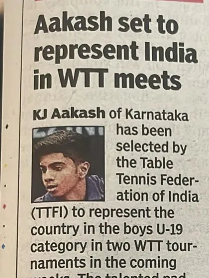 Another news clipping celebrating Aakash's selection to represent India, reinforcing the magnitude of this achievement for our academy.