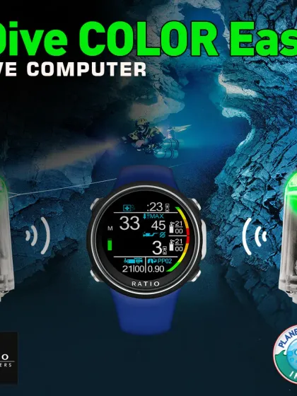 The Ratio iDive COLOR Easy Dive Computer is shown with its wireless air transmitters. This setup allows the watch-sized computer to monitor gas pressure in up to two different tanks, displaying the data clearly on its bright color screen.