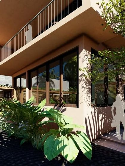A render of the entrance and carport of the Corgao Villa, showing how the building is integrated with lush tropical planting.