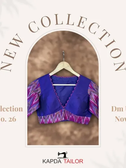 New designs are in. This graphic showcases our new collection, featuring a beautiful violet ikat blouse.