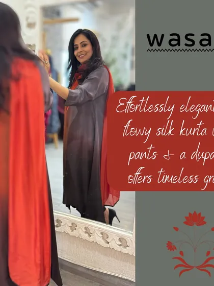 I love the timeless grace of this flowy, grey ombre silk kurta set. It’s an essential piece for anyone who cherishes effortless sophistication and handcrafted luxury.