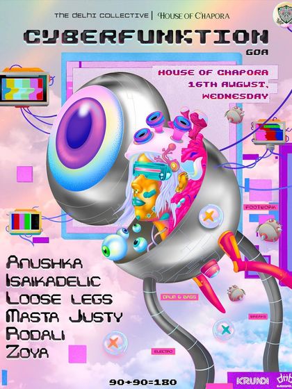 The poster for 'Cyberfunktion' at House of Chapora, Goa. This was a chance to throw down some really heavy bass music. The artwork is wild.