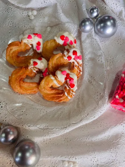 A full view of a platter of my heart-shaped churros, showcasing how they look when served together. This image gives a good idea of what a full order looks like, perfect for sharing with friends and family.