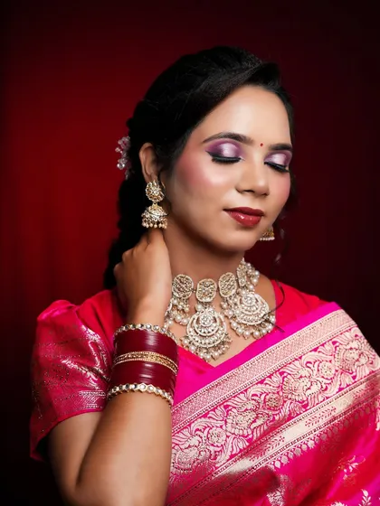 A beautiful closed-eye shot, showing the student's blending skills and the intricate jewelry.