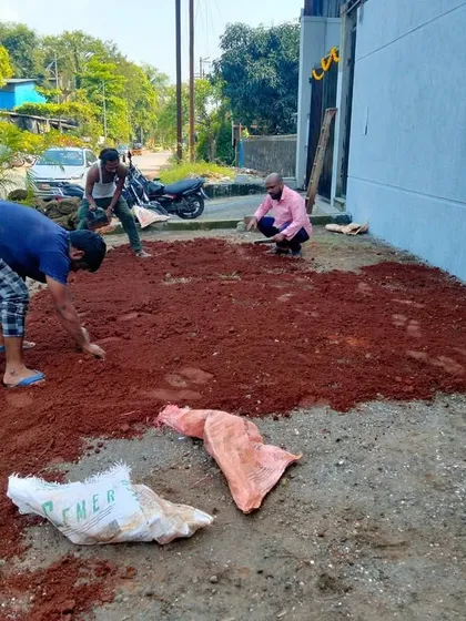 The foundation of any great garden is the soil. Here, our team is spreading and leveling rich red soil to create the ideal base for planting a new lawn and garden beds.