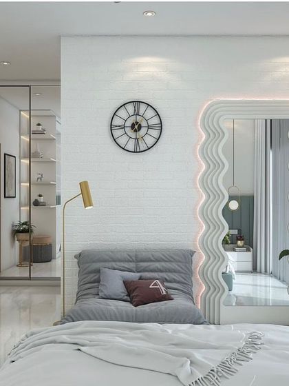 A bedroom concept that plays with reflection and light. A large, backlit wavy mirror is the centerpiece, making the room feel larger and adding a touch of playful modernism.