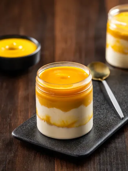 A layered mango dessert in a jar, shot against a dark wood background to highlight its vibrant yellow and white layers.