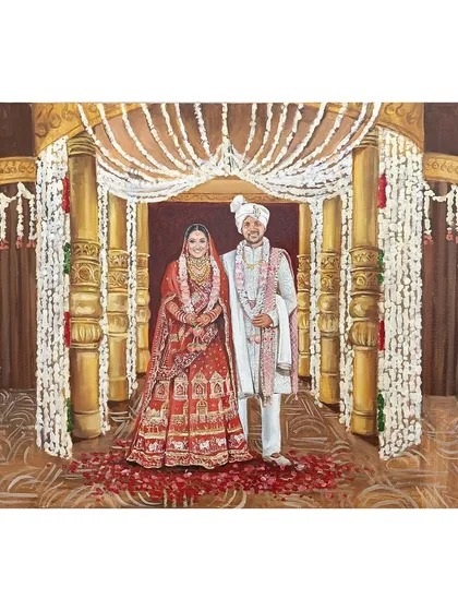 The full view of the live wedding painting from Raipur. The golden pillars and hanging floral decorations created a truly grand setting.