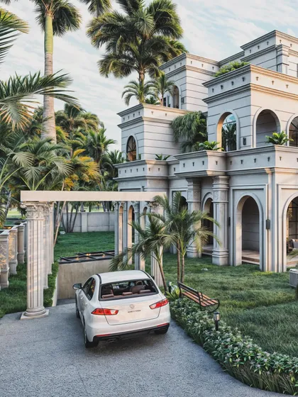 Visualizing the entrance to the classical farmhouse, this render shows the approach to the property. It highlights the Roman-style columns of the porte-cochère and the building's tiered structure, framed by mature palm trees.