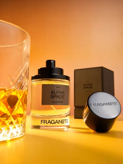 The same 'Alpha Spade' perfume setup without the digital sparkle. This clean version is perfect for catalogues and print, showing the product in sharp, clear detail.