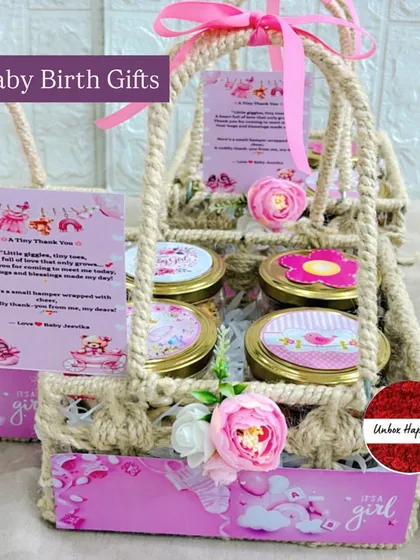 A lovely "It's a girl" announcement favor in a rustic jute basket. This option includes four jars of treats and a personalized thank you card.