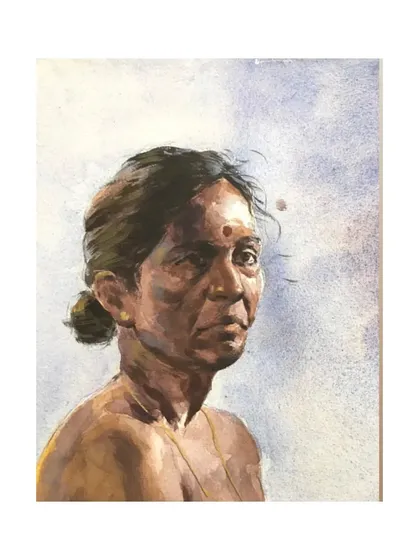 A watercolour portrait sketch of a female model, focusing on her expression and the subtle shifts in skin tone.
