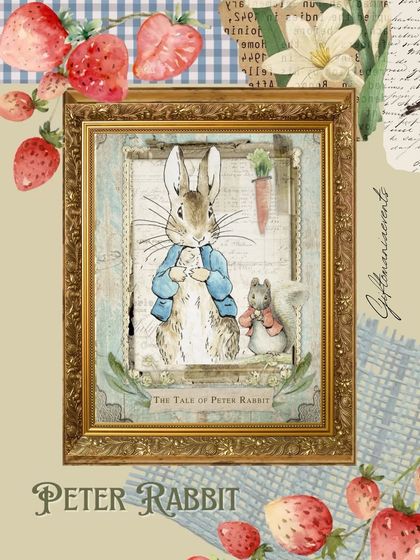 A vintage-style graphic for a Peter Rabbit themed baby shower, featuring the classic illustration in a golden frame. This sets the charming, nostalgic tone for the event.
