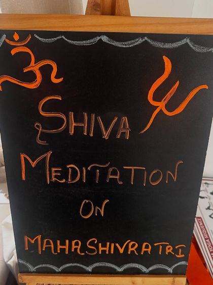 Our handmade welcome sign for the Shiva Meditation on Maha Shivratri. Every detail is created with love and intention to make the space feel sacred and welcoming.