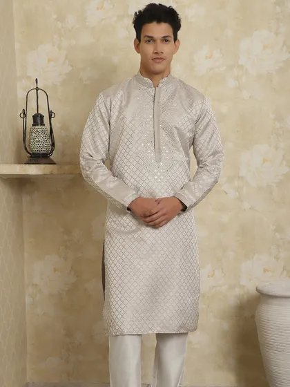 A front view of the light grey printed kurta, showing the detailed work on the neckline and the overall elegant design.